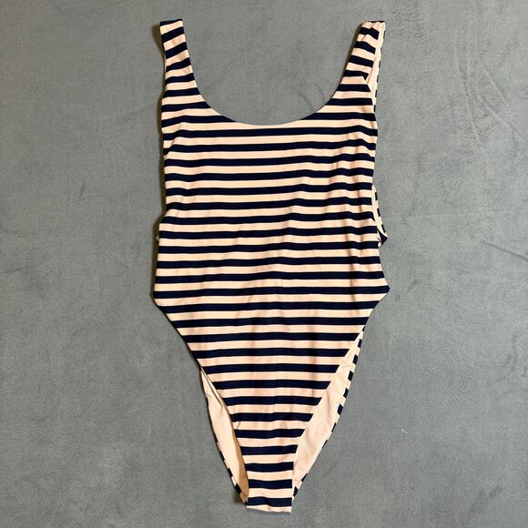 Aerie‎ Super Scoop One Piece NWOT Navy Pink Stripe High Cut Swimwear XL - Picture 2 of 5
